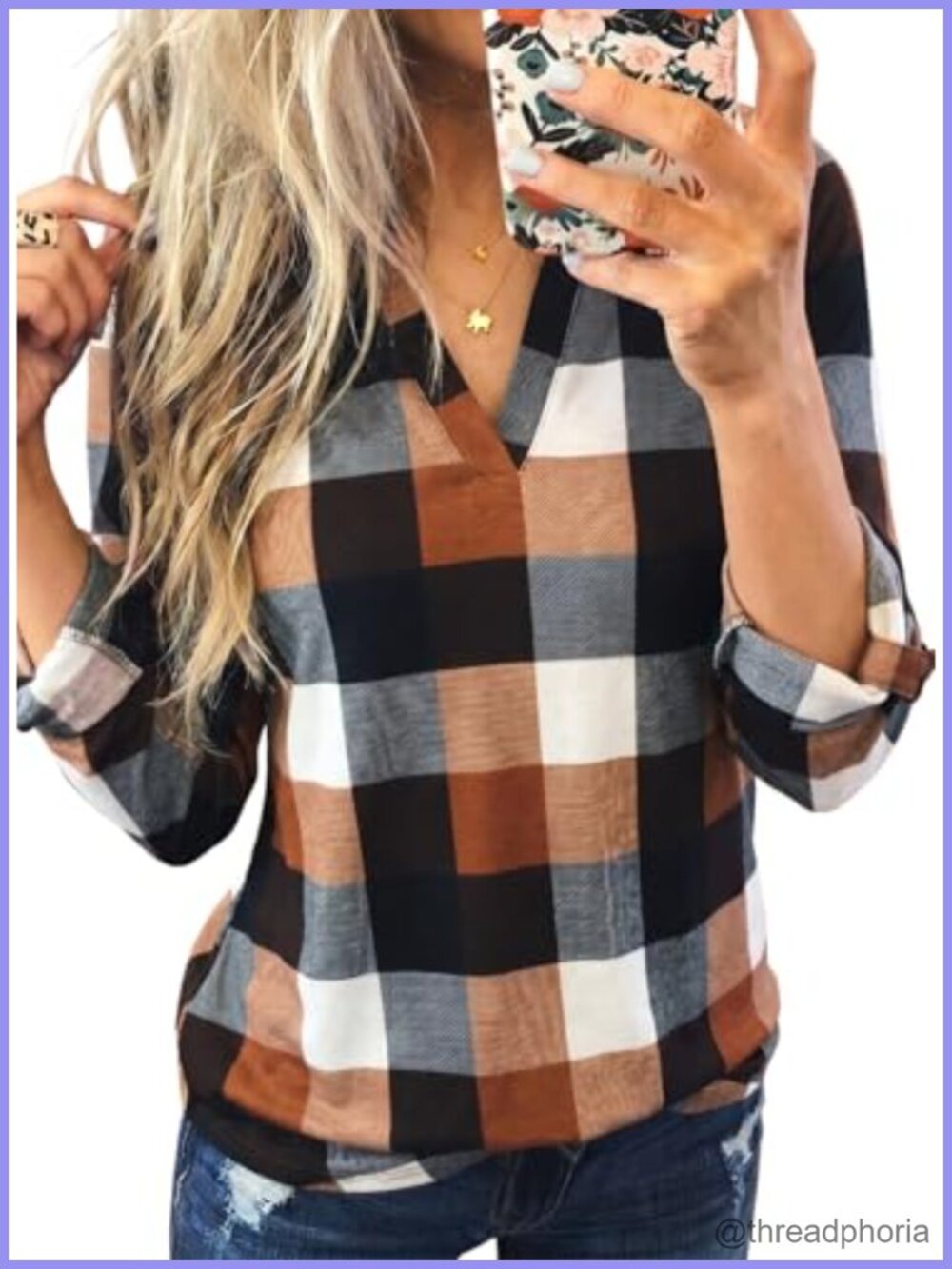 Womens Plaid Button-Down Shirt 3/4 Sleeve V-Neck High-Low Tunic Blouse